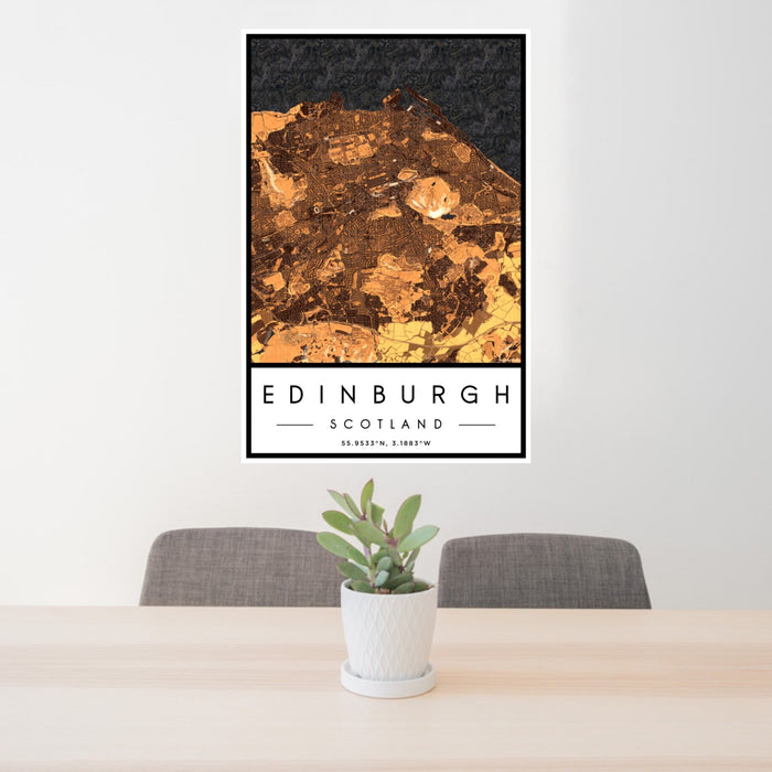 24x36 Edinburgh Scotland Map Print Portrait Orientation in Ember Style Behind 2 Chairs Table and Potted Plant
