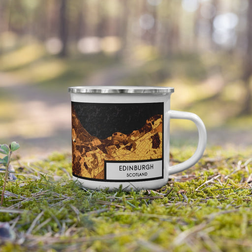 Right View Custom Edinburgh Scotland Map Enamel Mug in Ember on Grass With Trees in Background