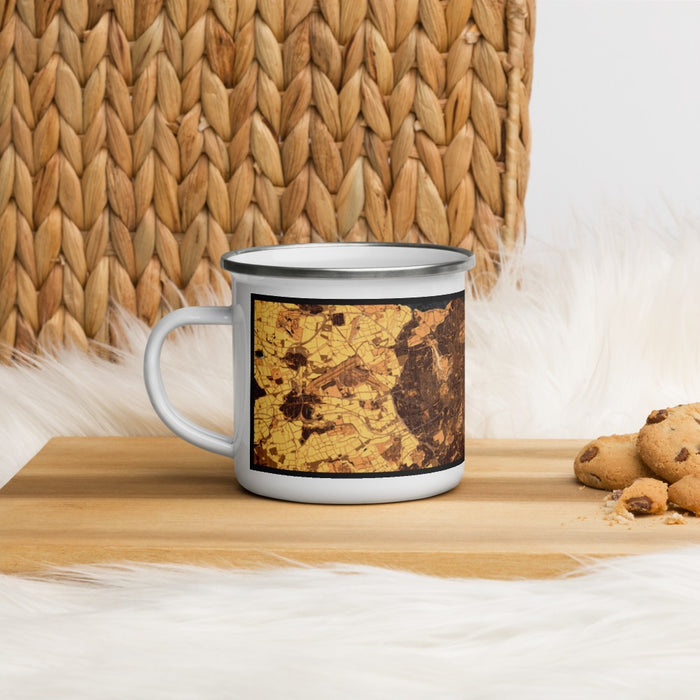 Left View Custom Edinburgh Scotland Map Enamel Mug in Ember on Table Top