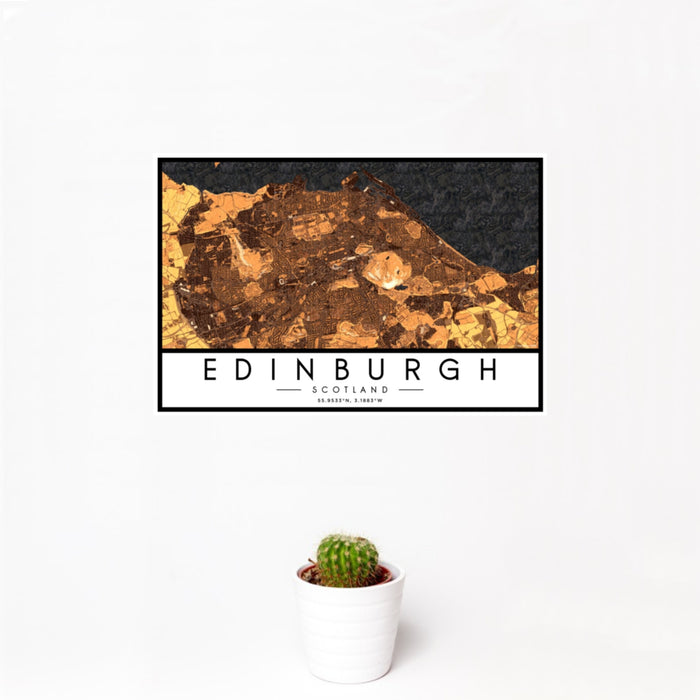 12x18 Edinburgh Scotland Map Print Landscape Orientation in Ember Style With Small Cactus Plant in White Planter