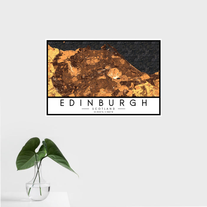 16x24 Edinburgh Scotland Map Print Landscape Orientation in Ember Style With Tropical Plant Leaves in Water