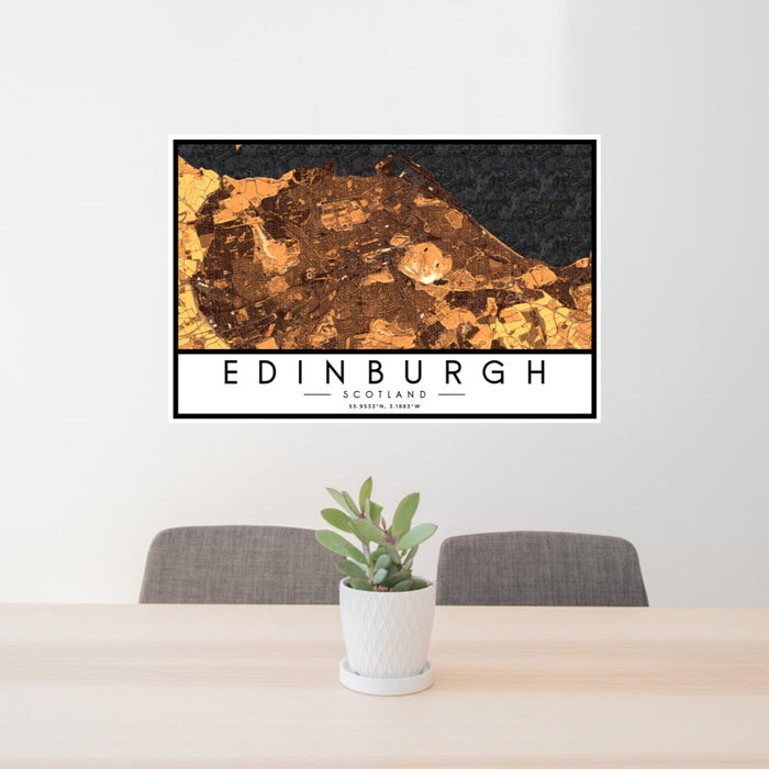 24x36 Edinburgh Scotland Map Print Landscape Orientation in Ember Style Behind 2 Chairs Table and Potted Plant