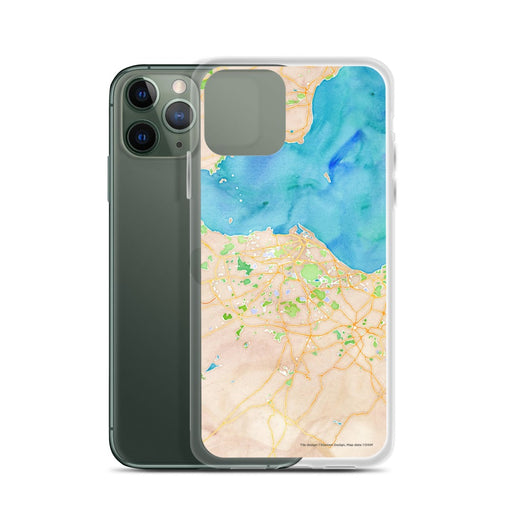 Custom Edinburgh Scotland Map Phone Case in Watercolor on Table with Laptop and Plant