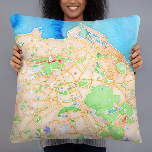 Person holding 22x22 Custom Edinburgh Scotland Map Throw Pillow in Watercolor