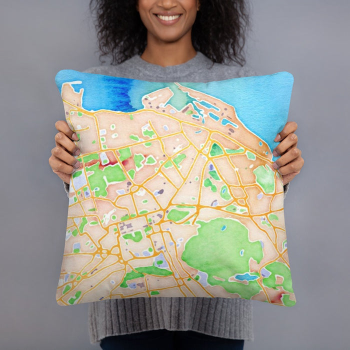 Person holding 18x18 Custom Edinburgh Scotland Map Throw Pillow in Watercolor