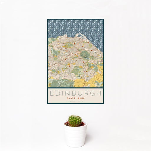 12x18 Edinburgh Scotland Map Print Portrait Orientation in Woodblock Style With Small Cactus Plant in White Planter