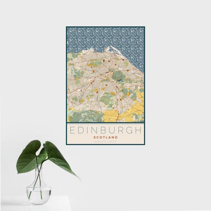 16x24 Edinburgh Scotland Map Print Portrait Orientation in Woodblock Style With Tropical Plant Leaves in Water