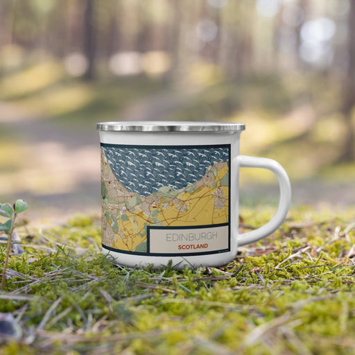 Right View Custom Edinburgh Scotland Map Enamel Mug in Woodblock on Grass With Trees in Background