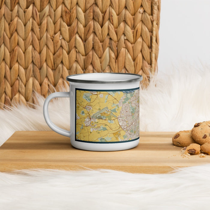 Left View Custom Edinburgh Scotland Map Enamel Mug in Woodblock on Table Top