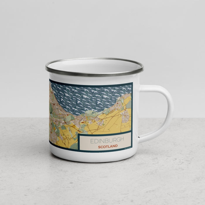 Right View Custom Edinburgh Scotland Map Enamel Mug in Woodblock