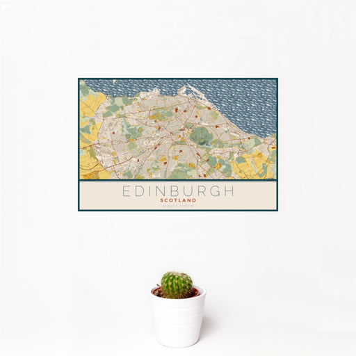 12x18 Edinburgh Scotland Map Print Landscape Orientation in Woodblock Style With Small Cactus Plant in White Planter