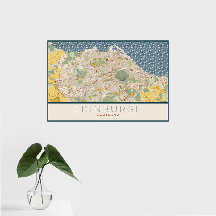 16x24 Edinburgh Scotland Map Print Landscape Orientation in Woodblock Style With Tropical Plant Leaves in Water