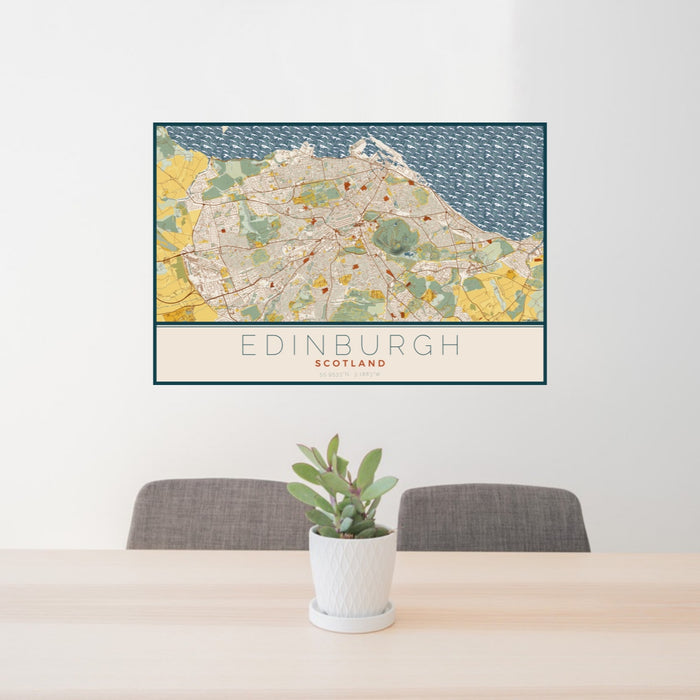 24x36 Edinburgh Scotland Map Print Landscape Orientation in Woodblock Style Behind 2 Chairs Table and Potted Plant