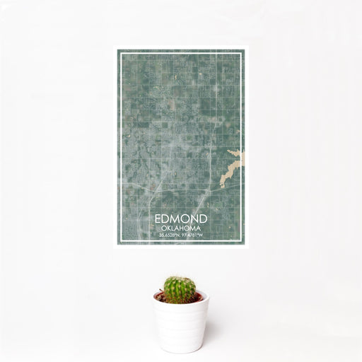 12x18 Edmond Oklahoma Map Print Portrait Orientation in Afternoon Style With Small Cactus Plant in White Planter