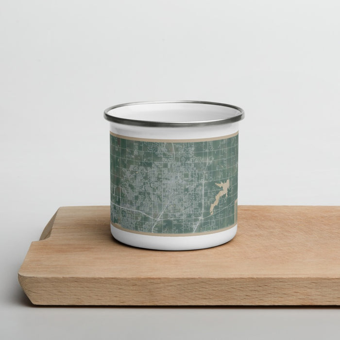 Front View Custom Edmond Oklahoma Map Enamel Mug in Afternoon on Cutting Board