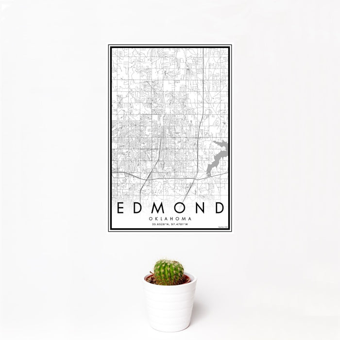 12x18 Edmond Oklahoma Map Print Portrait Orientation in Classic Style With Small Cactus Plant in White Planter