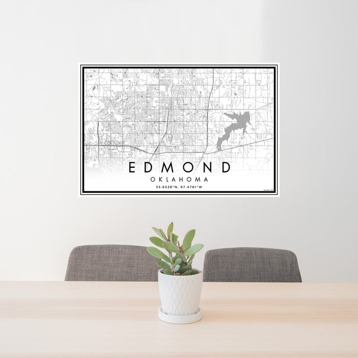 24x36 Edmond Oklahoma Map Print Landscape Orientation in Classic Style Behind 2 Chairs Table and Potted Plant