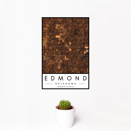 12x18 Edmond Oklahoma Map Print Portrait Orientation in Ember Style With Small Cactus Plant in White Planter