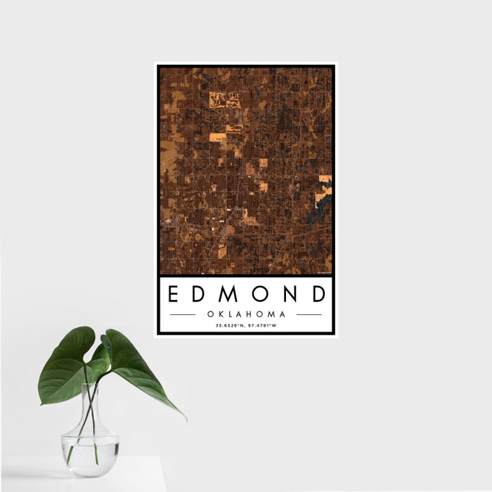 16x24 Edmond Oklahoma Map Print Portrait Orientation in Ember Style With Tropical Plant Leaves in Water
