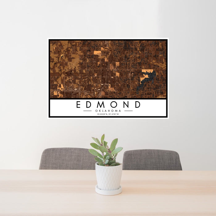 24x36 Edmond Oklahoma Map Print Landscape Orientation in Ember Style Behind 2 Chairs Table and Potted Plant