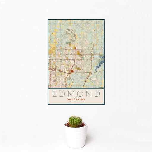 12x18 Edmond Oklahoma Map Print Portrait Orientation in Woodblock Style With Small Cactus Plant in White Planter