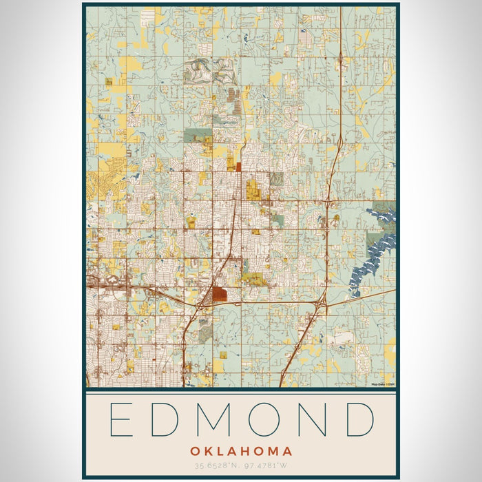 Edmond Oklahoma Map Print Portrait Orientation in Woodblock Style With Shaded Background