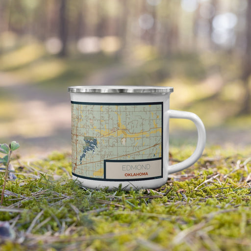 Right View Custom Edmond Oklahoma Map Enamel Mug in Woodblock on Grass With Trees in Background