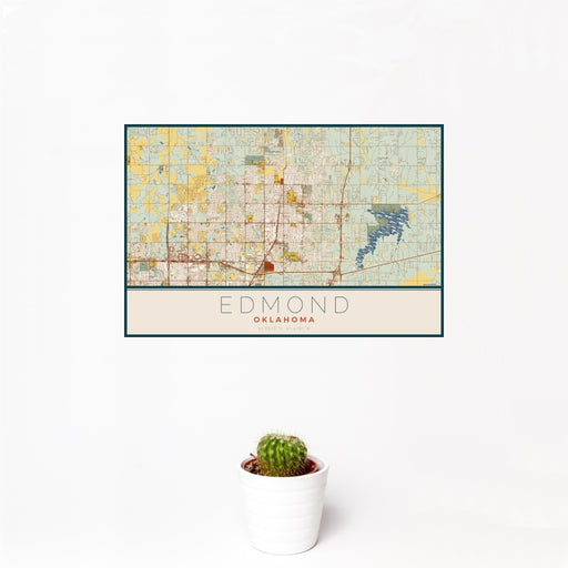 12x18 Edmond Oklahoma Map Print Landscape Orientation in Woodblock Style With Small Cactus Plant in White Planter