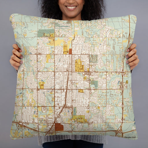 Person holding 22x22 Custom Edmond Oklahoma Map Throw Pillow in Woodblock