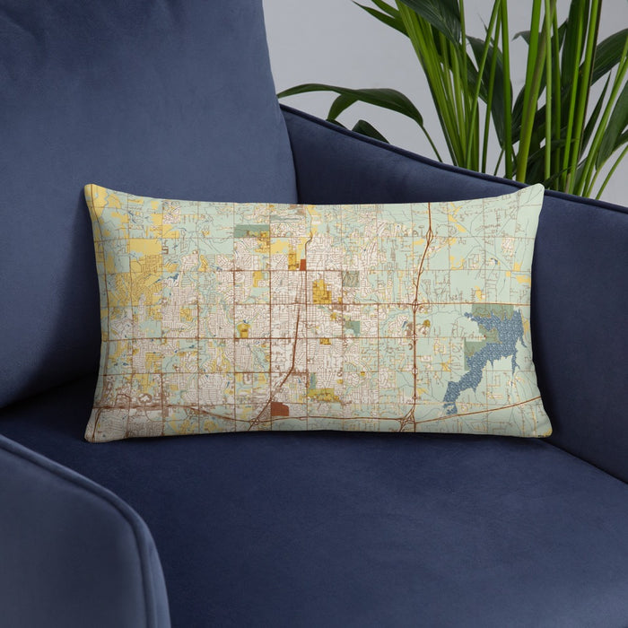 Custom Edmond Oklahoma Map Throw Pillow in Woodblock on Blue Colored Chair