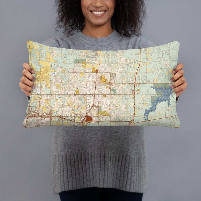 Person holding 20x12 Custom Edmond Oklahoma Map Throw Pillow in Woodblock