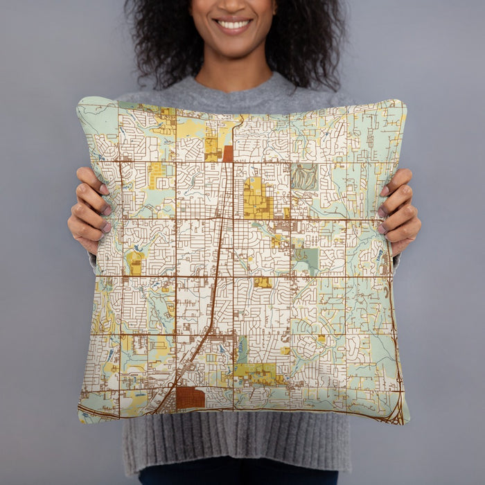Person holding 18x18 Custom Edmond Oklahoma Map Throw Pillow in Woodblock