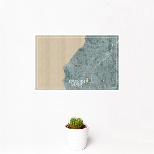 12x18 Edmonds Washington Map Print Landscape Orientation in Afternoon Style With Small Cactus Plant in White Planter