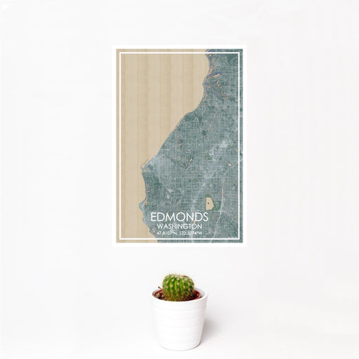 12x18 Edmonds Washington Map Print Portrait Orientation in Afternoon Style With Small Cactus Plant in White Planter