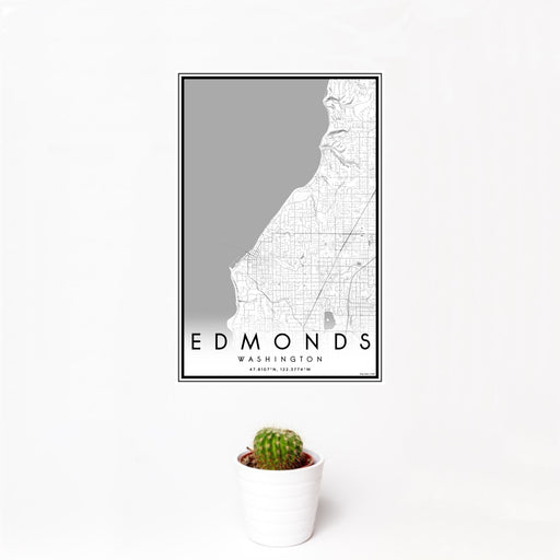 12x18 Edmonds Washington Map Print Portrait Orientation in Classic Style With Small Cactus Plant in White Planter