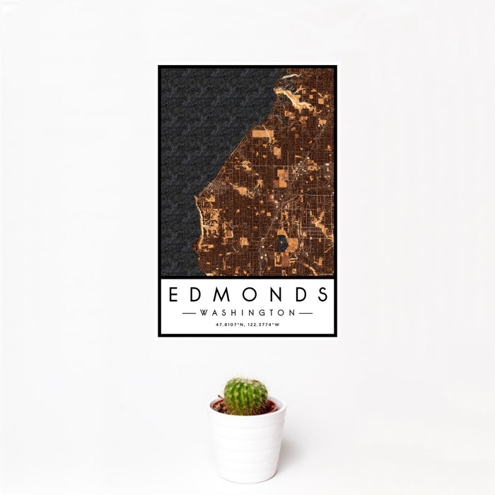 12x18 Edmonds Washington Map Print Portrait Orientation in Ember Style With Small Cactus Plant in White Planter
