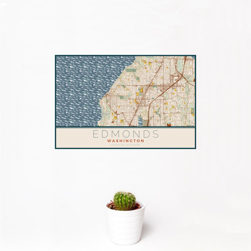 12x18 Edmonds Washington Map Print Landscape Orientation in Woodblock Style With Small Cactus Plant in White Planter
