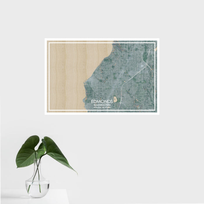 16x24 Edmonds Washington Map Print Landscape Orientation in Afternoon Style With Tropical Plant Leaves in Water