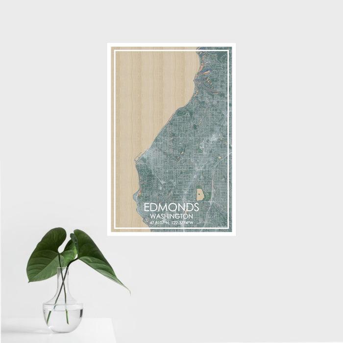 16x24 Edmonds Washington Map Print Portrait Orientation in Afternoon Style With Tropical Plant Leaves in Water