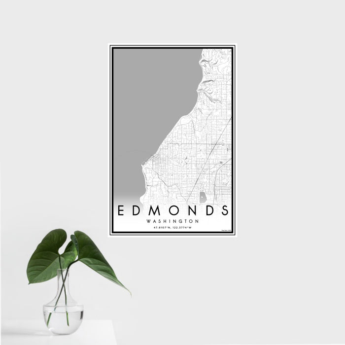 16x24 Edmonds Washington Map Print Portrait Orientation in Classic Style With Tropical Plant Leaves in Water