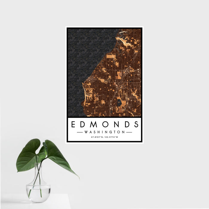 16x24 Edmonds Washington Map Print Portrait Orientation in Ember Style With Tropical Plant Leaves in Water