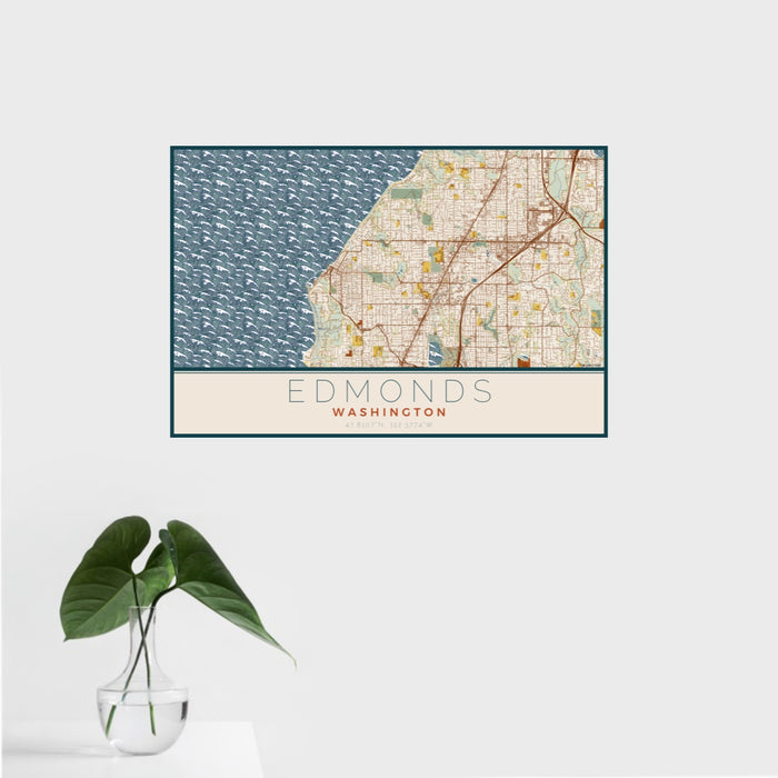 16x24 Edmonds Washington Map Print Landscape Orientation in Woodblock Style With Tropical Plant Leaves in Water