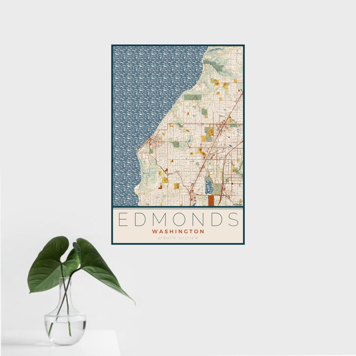 16x24 Edmonds Washington Map Print Portrait Orientation in Woodblock Style With Tropical Plant Leaves in Water