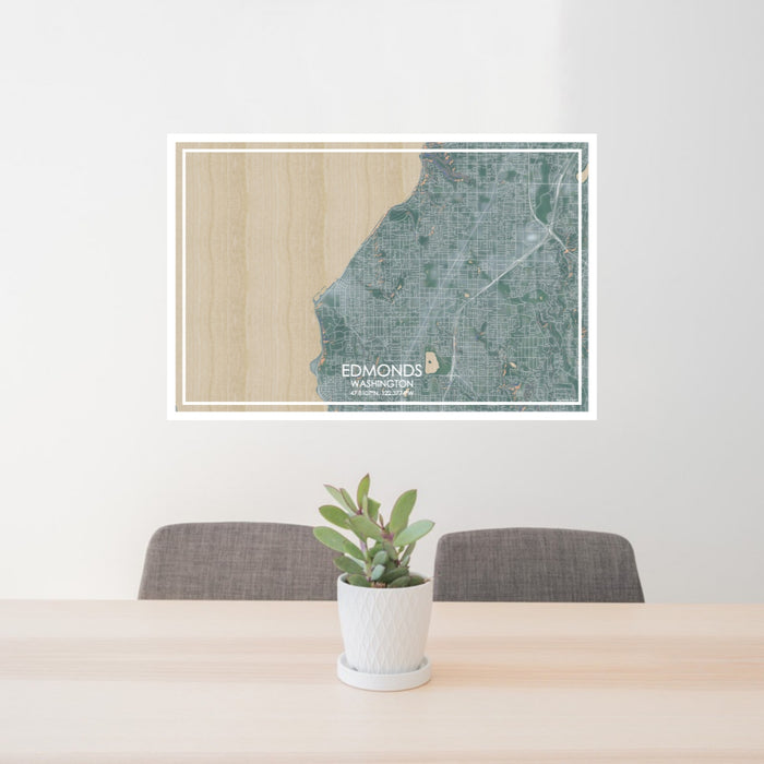 24x36 Edmonds Washington Map Print Lanscape Orientation in Afternoon Style Behind 2 Chairs Table and Potted Plant