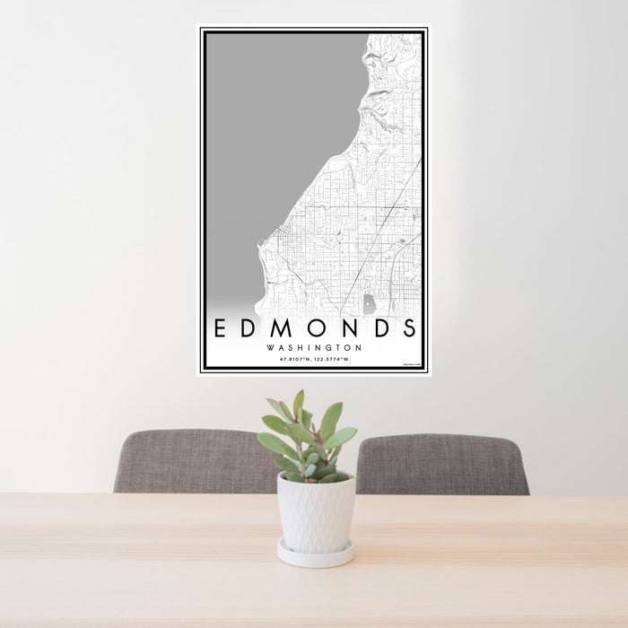 24x36 Edmonds Washington Map Print Portrait Orientation in Classic Style Behind 2 Chairs Table and Potted Plant