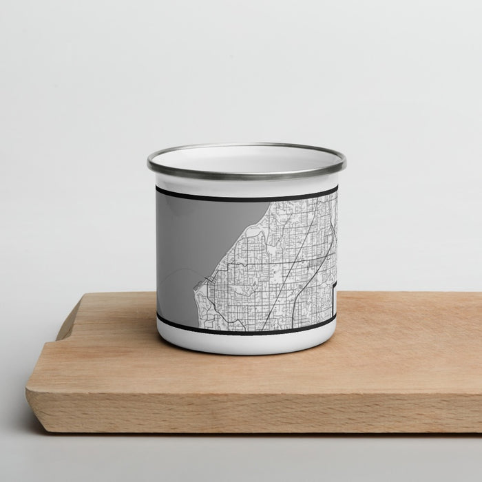 Front View Custom Edmonds Washington Map Enamel Mug in Classic on Cutting Board