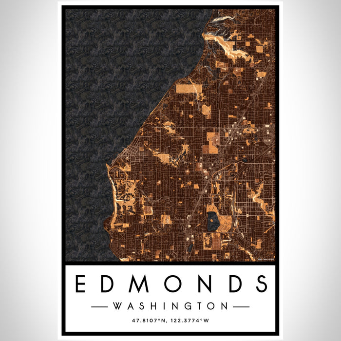 Edmonds Washington Map Print Portrait Orientation in Ember Style With Shaded Background