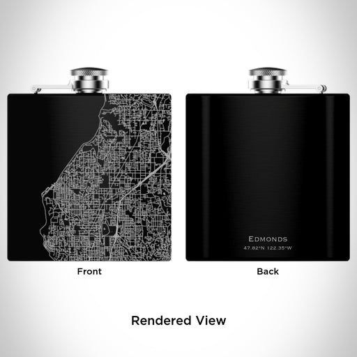 Rendered View of Edmonds Washington Map Engraving on 6oz Stainless Steel Flask in Black