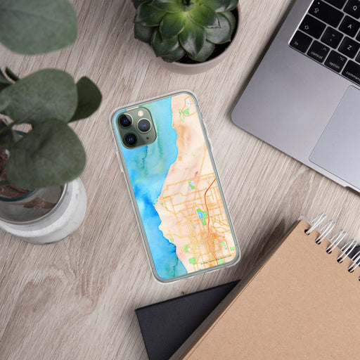 Custom Edmonds Washington Map Phone Case in Watercolor on Table with Laptop and Plant