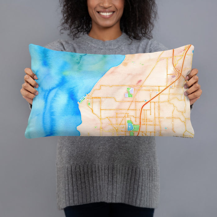 Person holding 20x12 Custom Edmonds Washington Map Throw Pillow in Watercolor